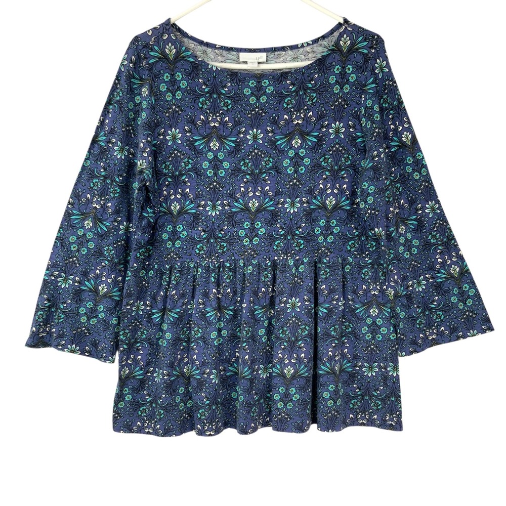 J. Jill Blue Floral Damask Peplum Top Size M Pullover Scoop Neck 3/4 Sleeve